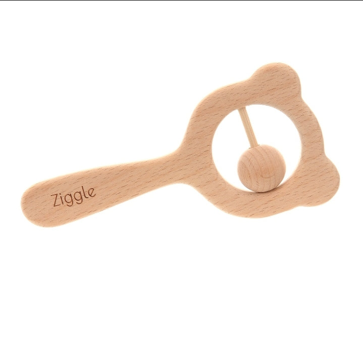 Beech wood bear rattle and silicone teether ring set blush pink