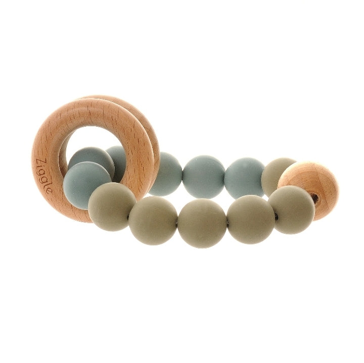 Beech wood bear rattle and grey blue silicone teether ring set
