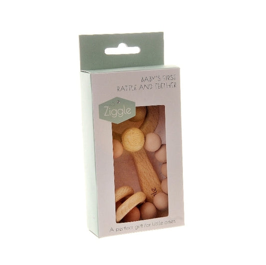Beech wood bear rattle and silicone teether ring set blush pink