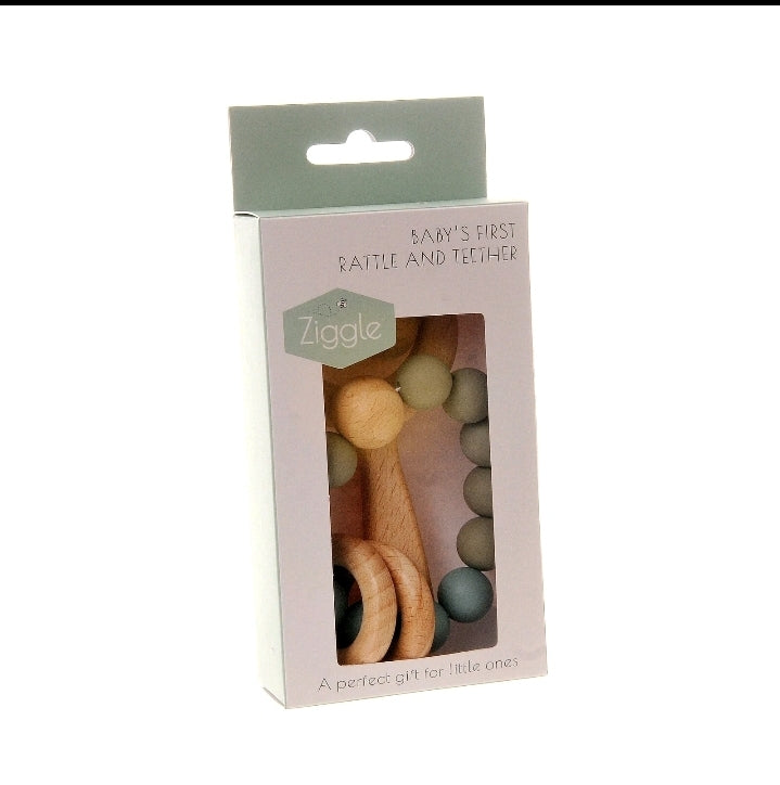 Beech wood bear rattle and grey blue silicone teether ring set