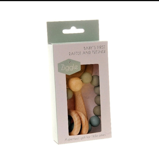 Beech wood bear rattle and grey blue silicone teether ring set